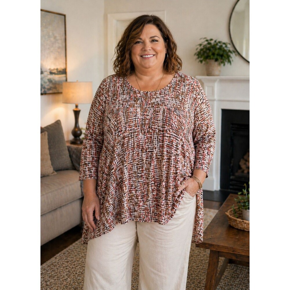 Chicos Size 3 XL Tiered Ruffle Blouse Asymmetrical Flowy Mosaic Print Top